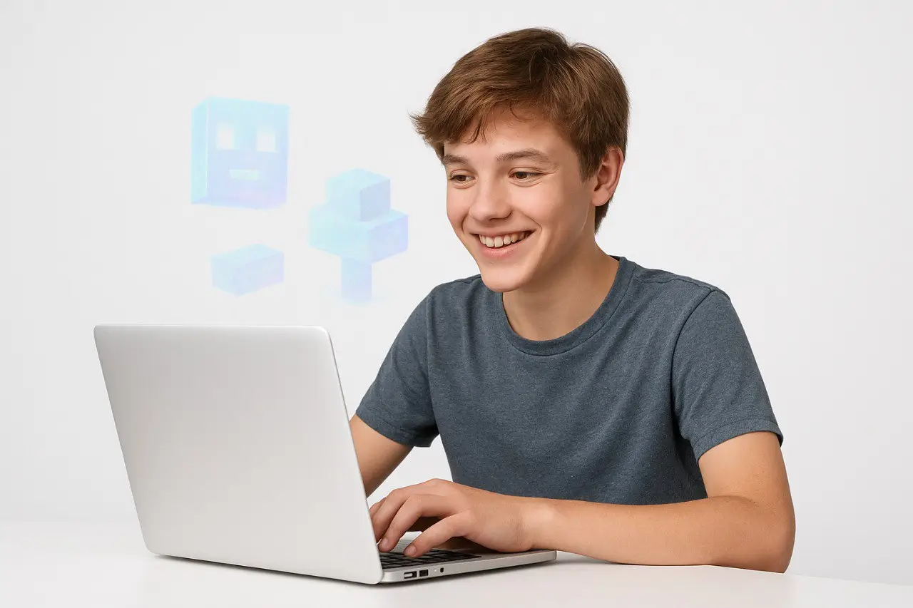 Картинка ребенка с ноутбуком, с тематикой minecraft