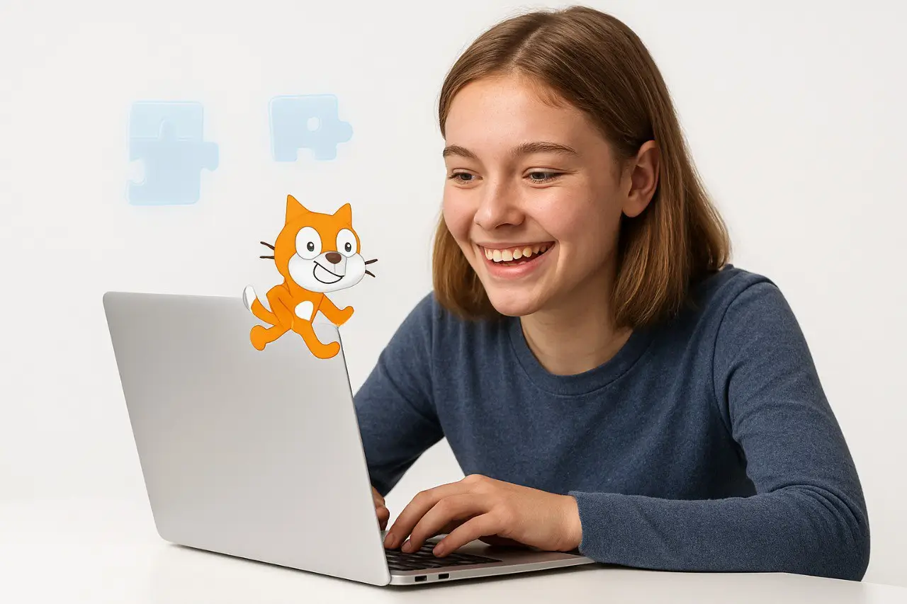 Картинка девочки с ноутбуком, с тематикой scratch